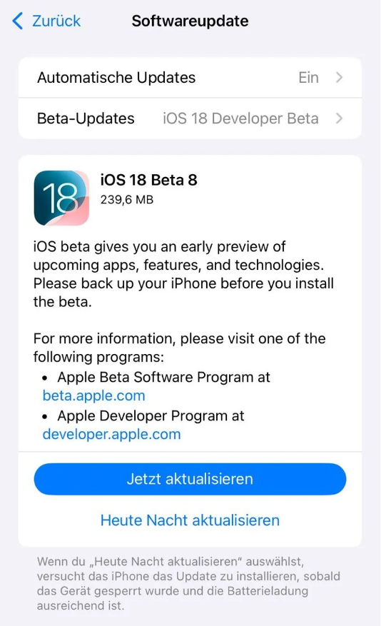 淇滨苹果手机维修分享苹果 iOS / iPadOS 18 开发者预览版 Beta 8 发布 